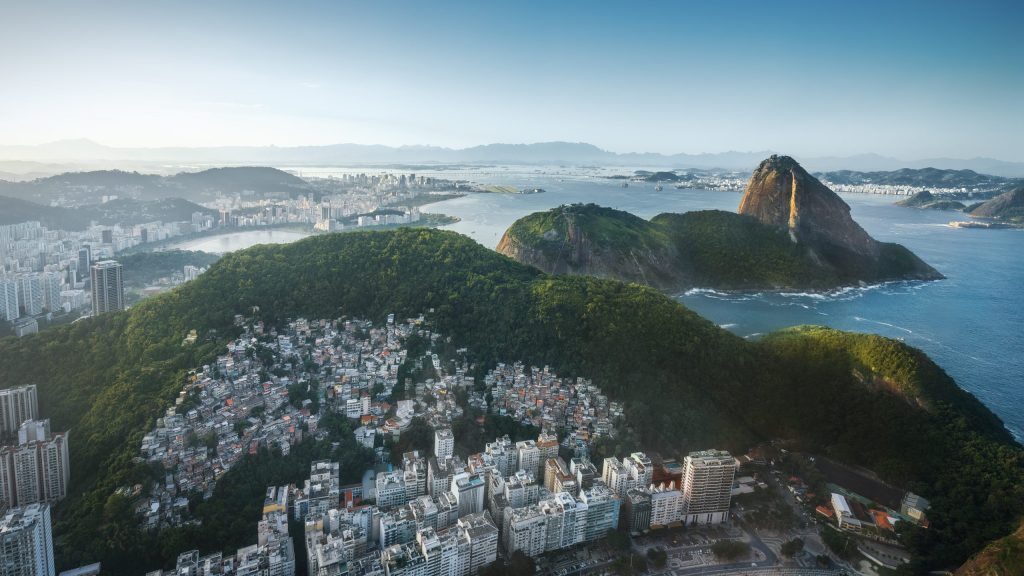 Aerial view of Rio with Sugarloaf Mountain and Leme beach – Rio Aerial view of Rio with Sugarloaf Mountain and Leme beach - Rio de Janeiro, Brazil